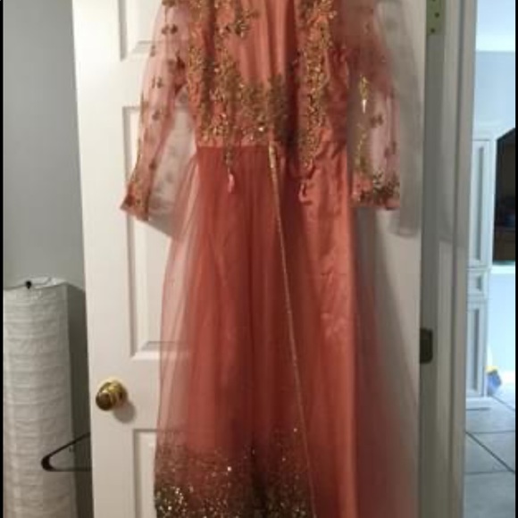 Embroidered Net Abaya Style Suit in Dark Peach - Picture 8 of 8